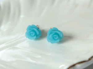 Single Bloom Rose Stud Earrings in Frosted Sky Blue