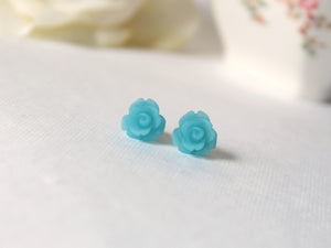 Single Bloom Rose Stud Earrings in Frosted Sky Blue