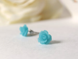 Single Bloom Rose Stud Earrings in Frosted Sky Blue