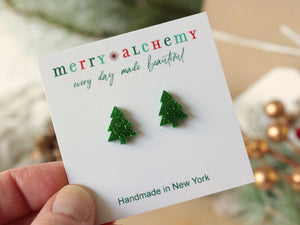 Green Glitter Christmas Tree Stud Earrings