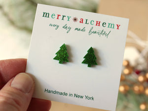 Green Glitter Christmas Tree Stud Earrings