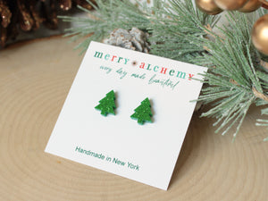 Green Glitter Christmas Tree Stud Earrings