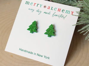 Green Glitter Christmas Tree Stud Earrings