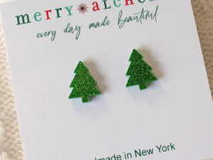 Green Glitter Christmas Tree Stud Earrings