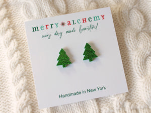 Green Glitter Christmas Tree Stud Earrings