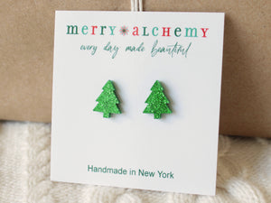 Green Glitter Christmas Tree Stud Earrings