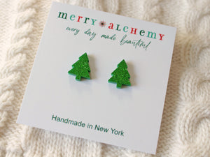 Green Glitter Christmas Tree Stud Earrings