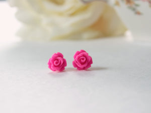 Single Bloom Rose Stud Earrings in Hot Pink