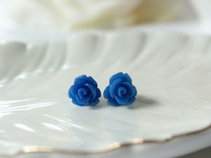 Single Bloom Rose Stud Earrings in Royal Blue