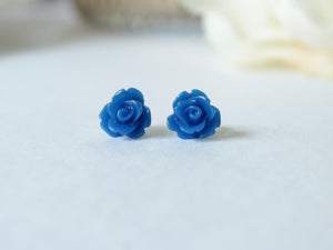 Single Bloom Rose Stud Earrings in Royal Blue