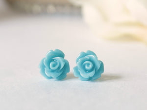 Single Bloom Rose Stud Earrings in Sky Blue