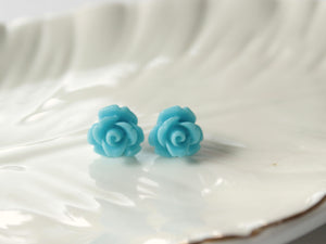 Single Bloom Rose Stud Earrings in Sky Blue