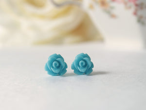 Single Bloom Rose Stud Earrings in Sky Blue