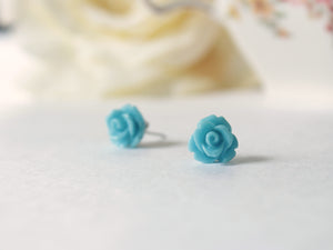 Single Bloom Rose Stud Earrings in Sky Blue