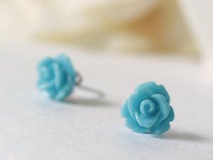 Single Bloom Rose Stud Earrings in Sky Blue