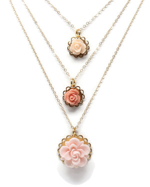 Tiny Petals Layering Necklace 18" ~ Salmon Pink Rose