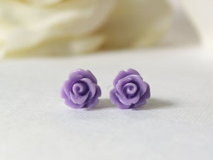 Single Bloom Rose Stud Earrings in Frosted Purple