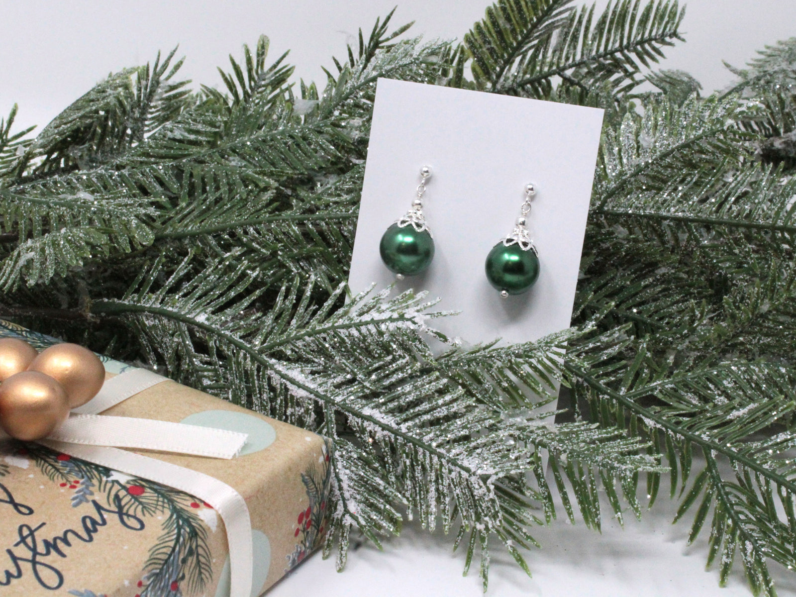Green Christmas Ball Earrings 12mm