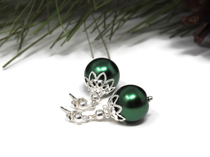 Green Christmas Ball Earrings 12mm