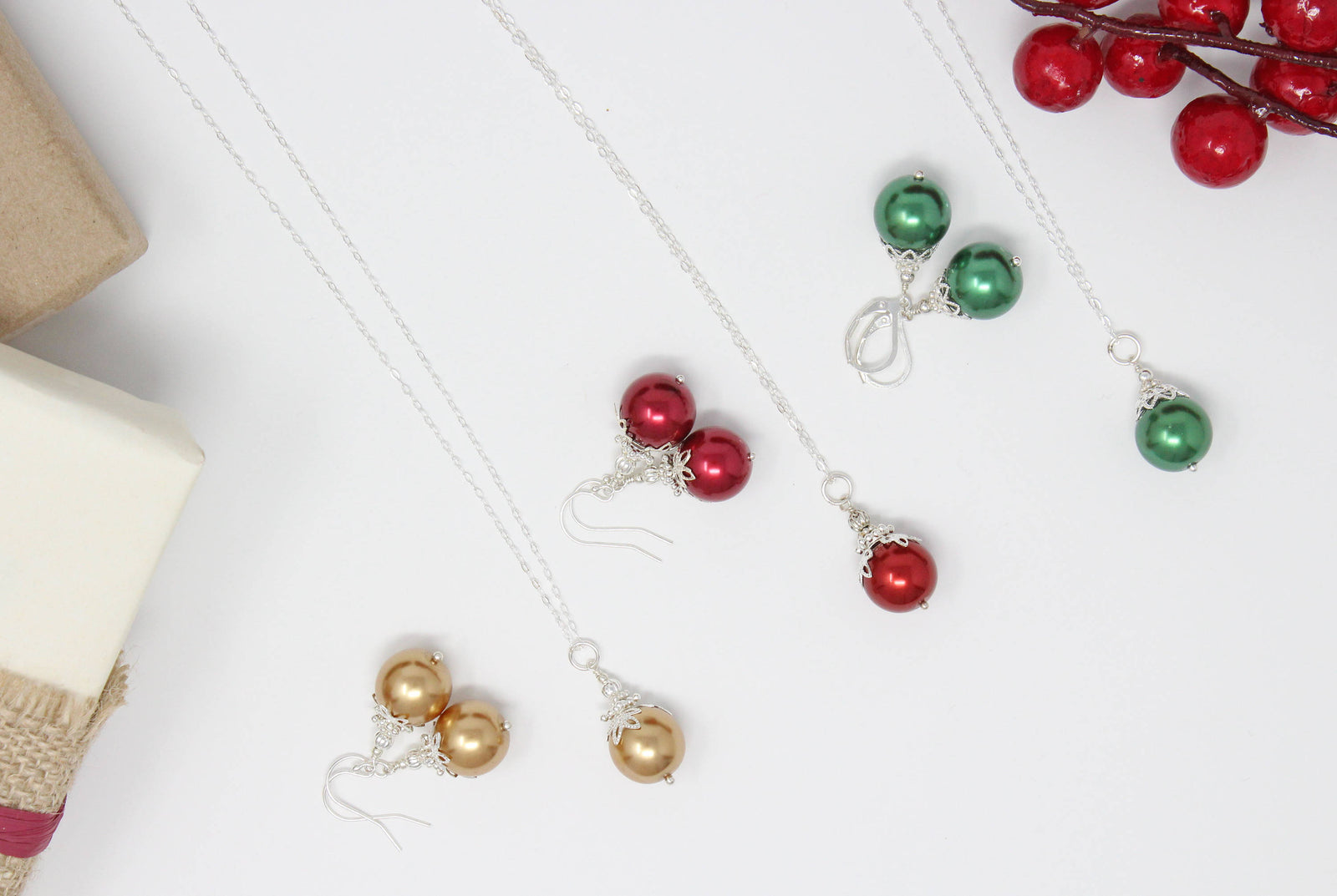 14mm Red Christmas Ball Necklace & Earring Set