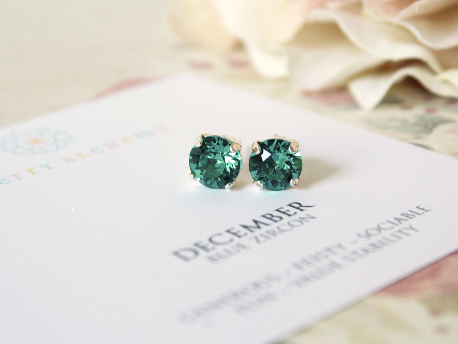 December Birthstone Stud Earrings in Blue Zircon