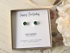 Happy Birthday December Birthstone Stud Earrings in Blue Zircon
