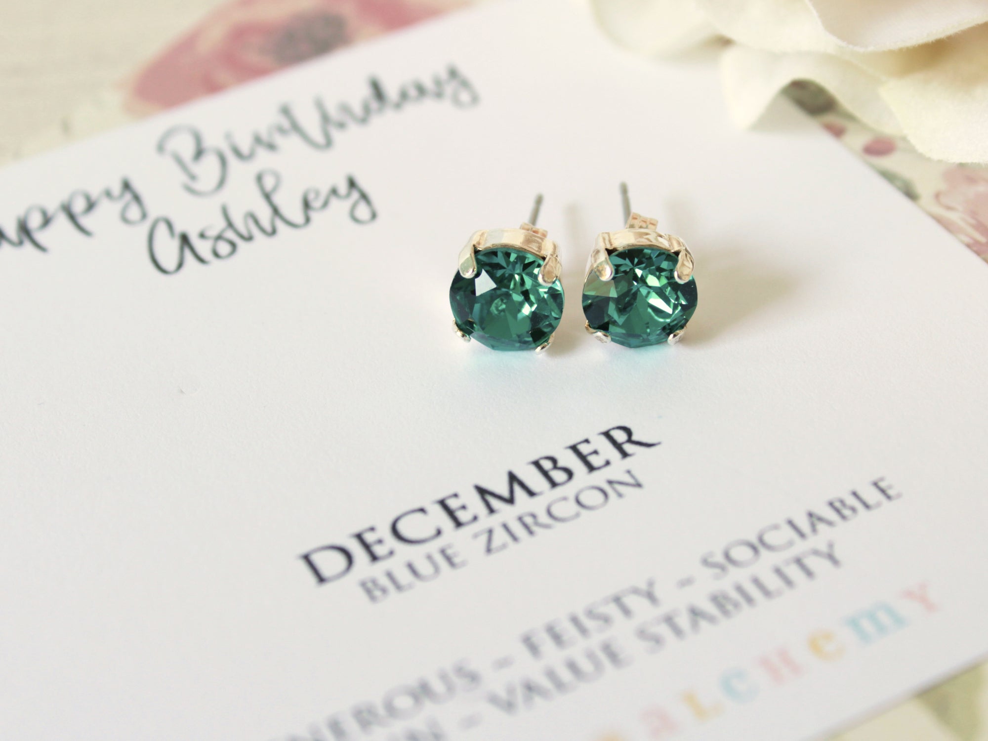 Personalized December Birthstone Stud Earrings in Blue Zircon