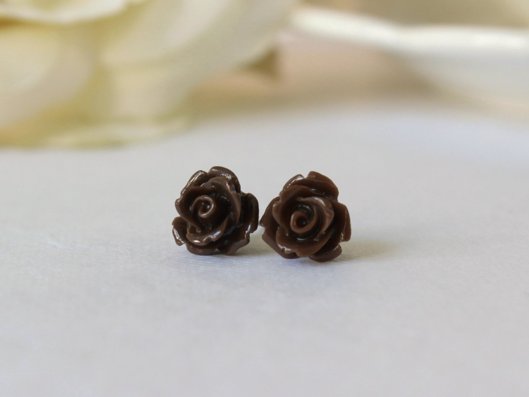 Single Bloom Rose Stud Earrings in Chocolate Brown