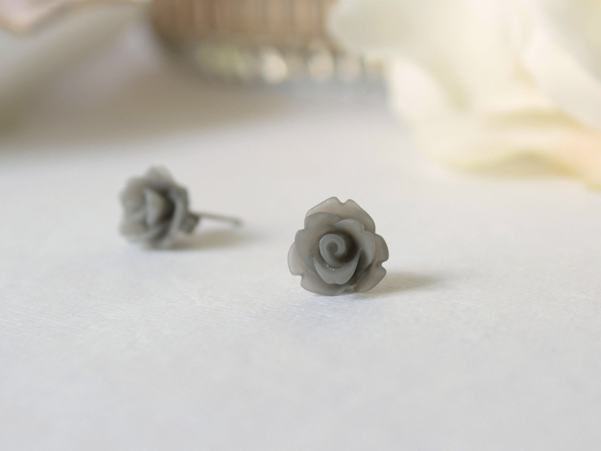 Single Bloom Rose Stud Earrings in Frosted Gray
