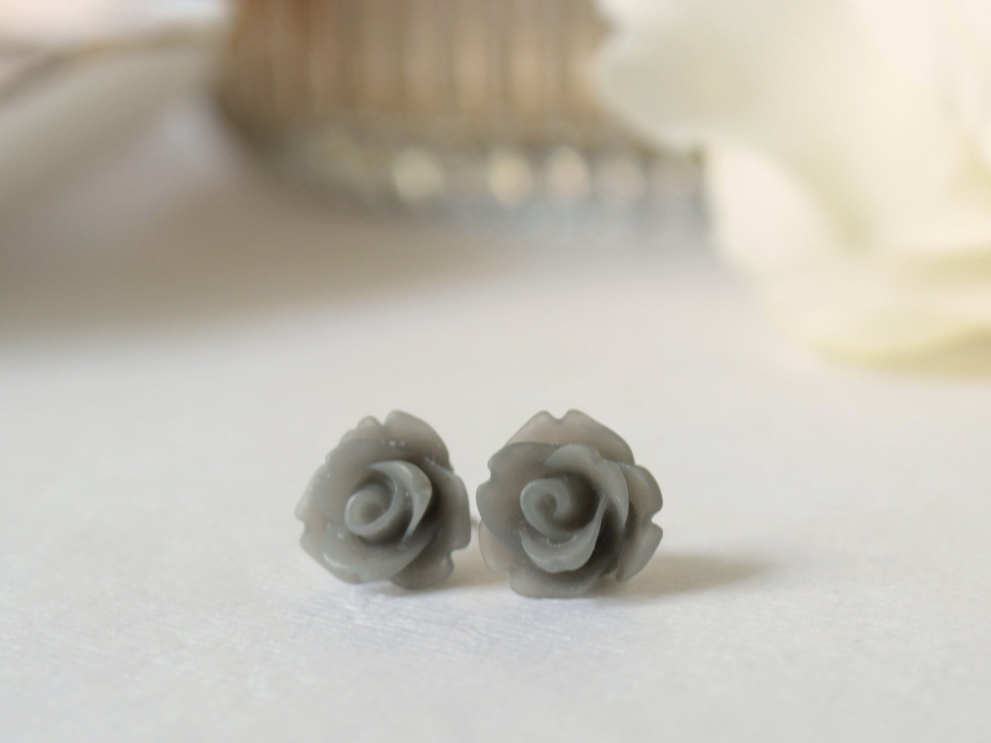 Single Bloom Rose Stud Earrings in Frosted Gray