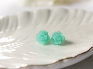 Single Bloom Rose Stud Earrings in Frosted Sea Foam