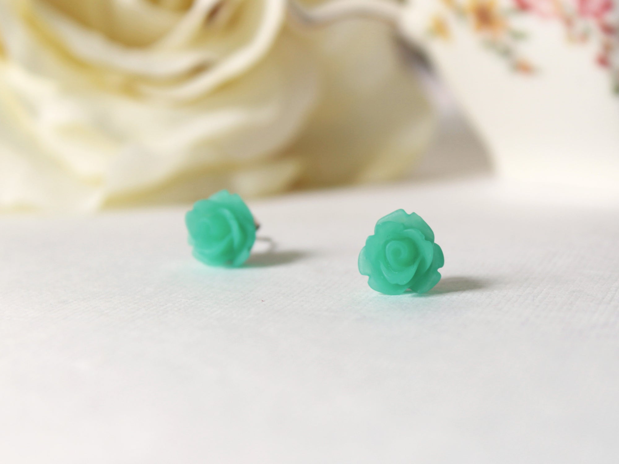 Single Bloom Rose Stud Earrings in Frosted Teal