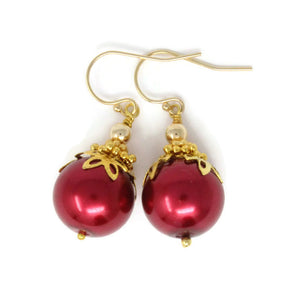 14mm Red Christmas Ball Earrings in Gold