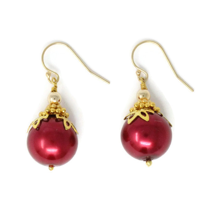 14mm Red Christmas Ball Earrings in Gold