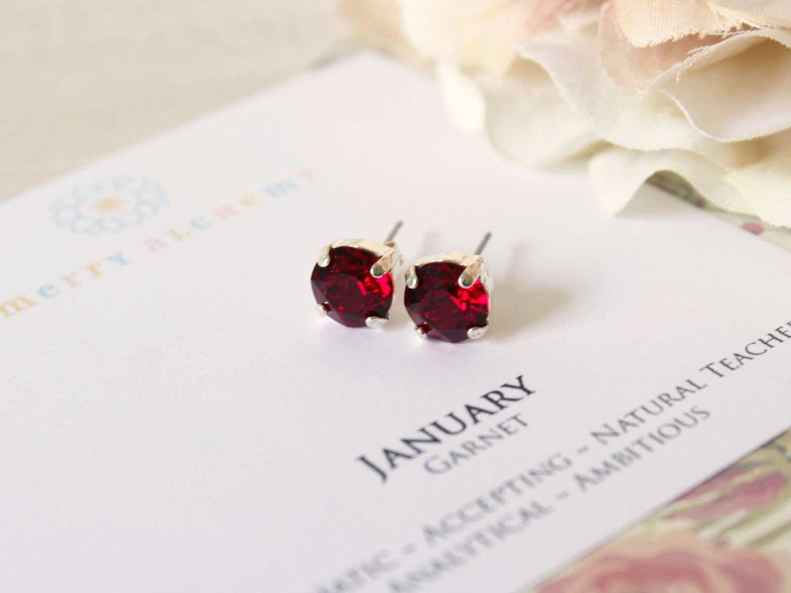 January Birthstone Stud Earrings in Siam/Garnet