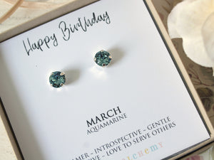 Happy Birthday March Birthstone Stud Earrings in Aquamarine
