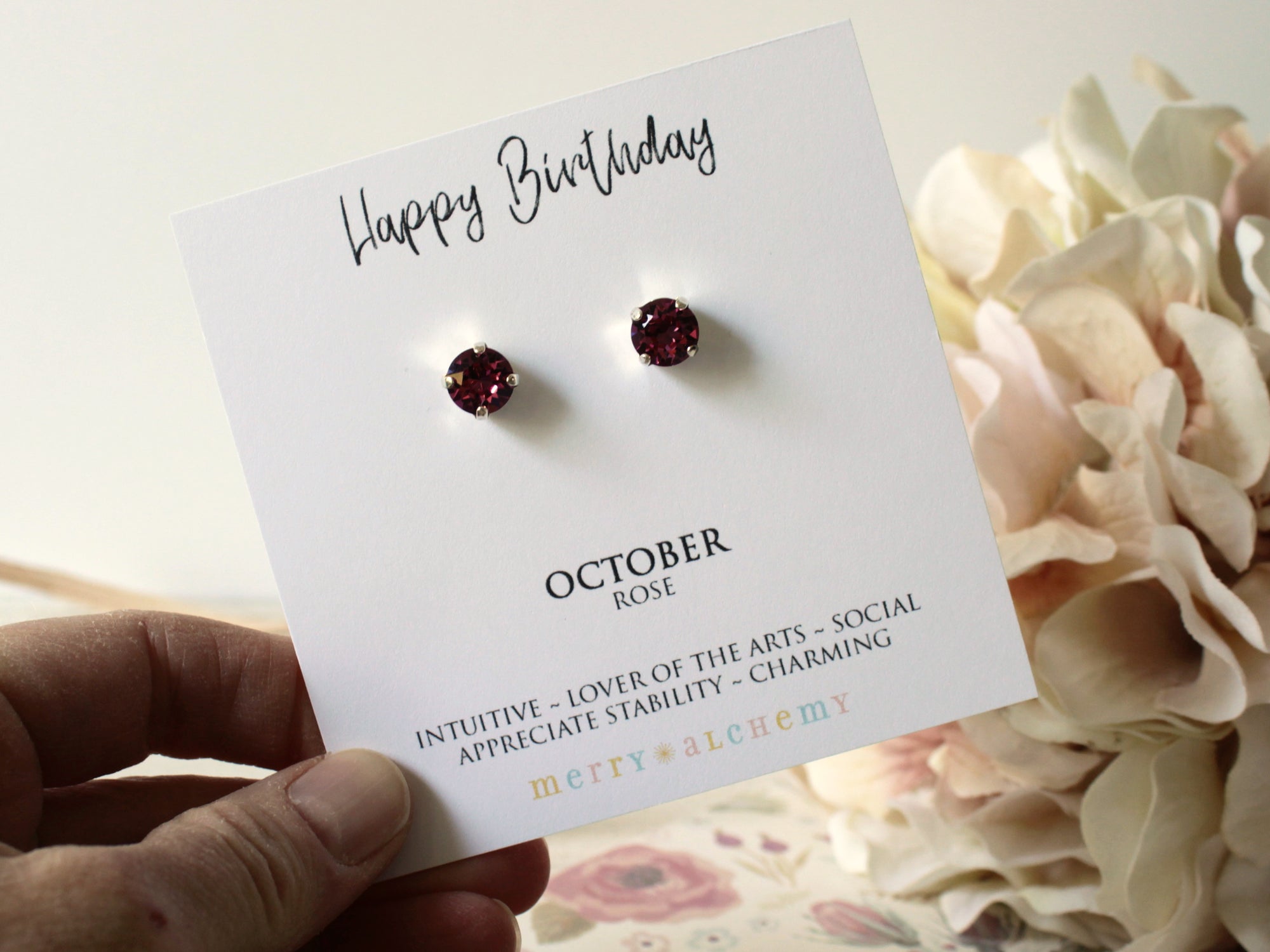 Happy Birthday October Birthstone Stud Earrings in Light Rose