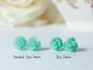 Single Bloom Rose Stud Earrings in Sea Foam