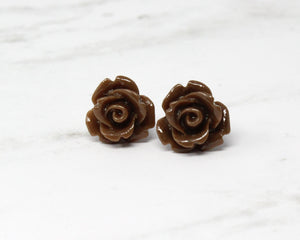 Single Bloom Rose Stud Earrings in Chocolate Brown