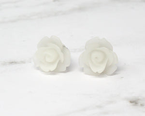 Single Bloom Rose Stud Earrings in Frosted White