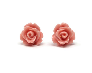 Single Bloom Rose Stud Earrings in Salmon Pink