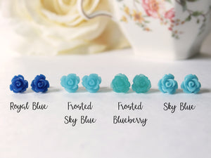 Single Bloom Rose Stud Earrings in Frosted Sky Blue