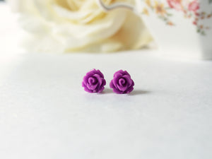 Single Bloom Rose Stud Earrings in Byzantium Purple