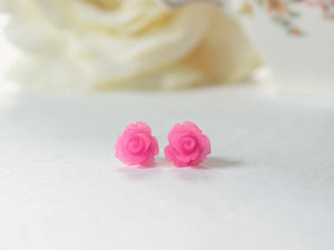 Single Bloom Rose Stud Earrings in Frosted Hot Pink