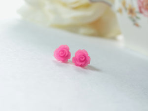 Single Bloom Rose Stud Earrings in Frosted Hot Pink