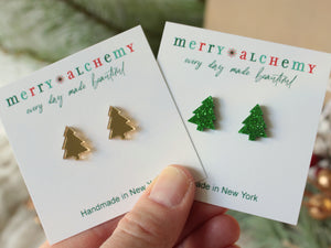 Green Glitter Christmas Tree Stud Earrings