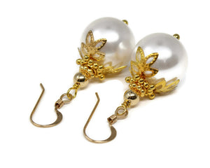 12mm White Christmas Ball Earrings in Gold