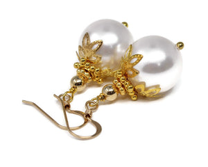 12mm White Christmas Ball Earrings in Gold