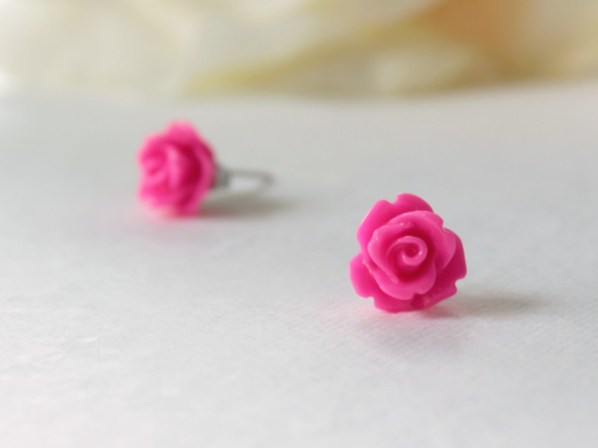 Single Bloom Rose Stud Earrings in Hot Pink