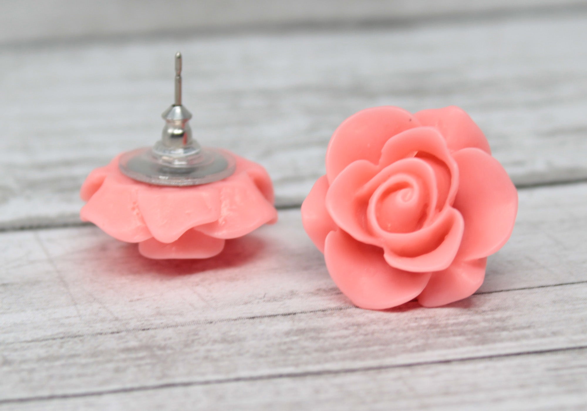 Large Single Bloom Studs in Matte Coral Rose